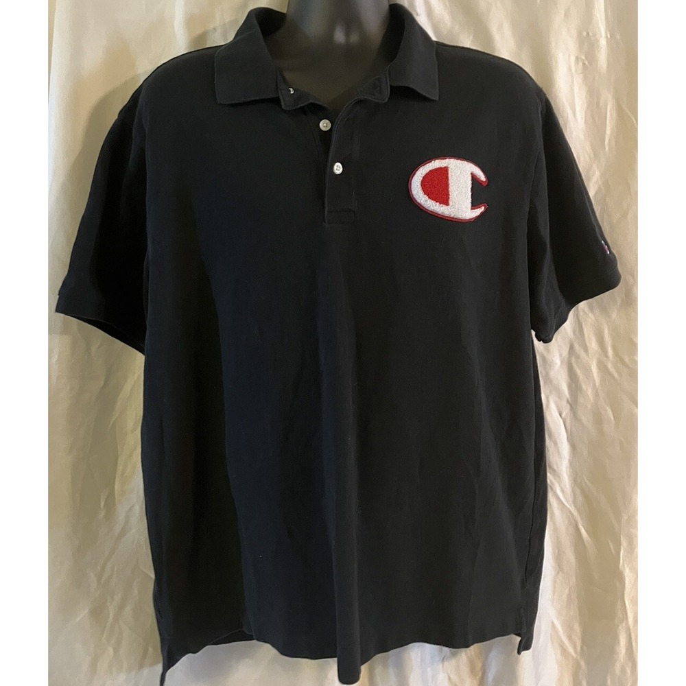 Champion Polo Shirt Big Chenille Logo Navy Pique Men's 2-Sided Size XL